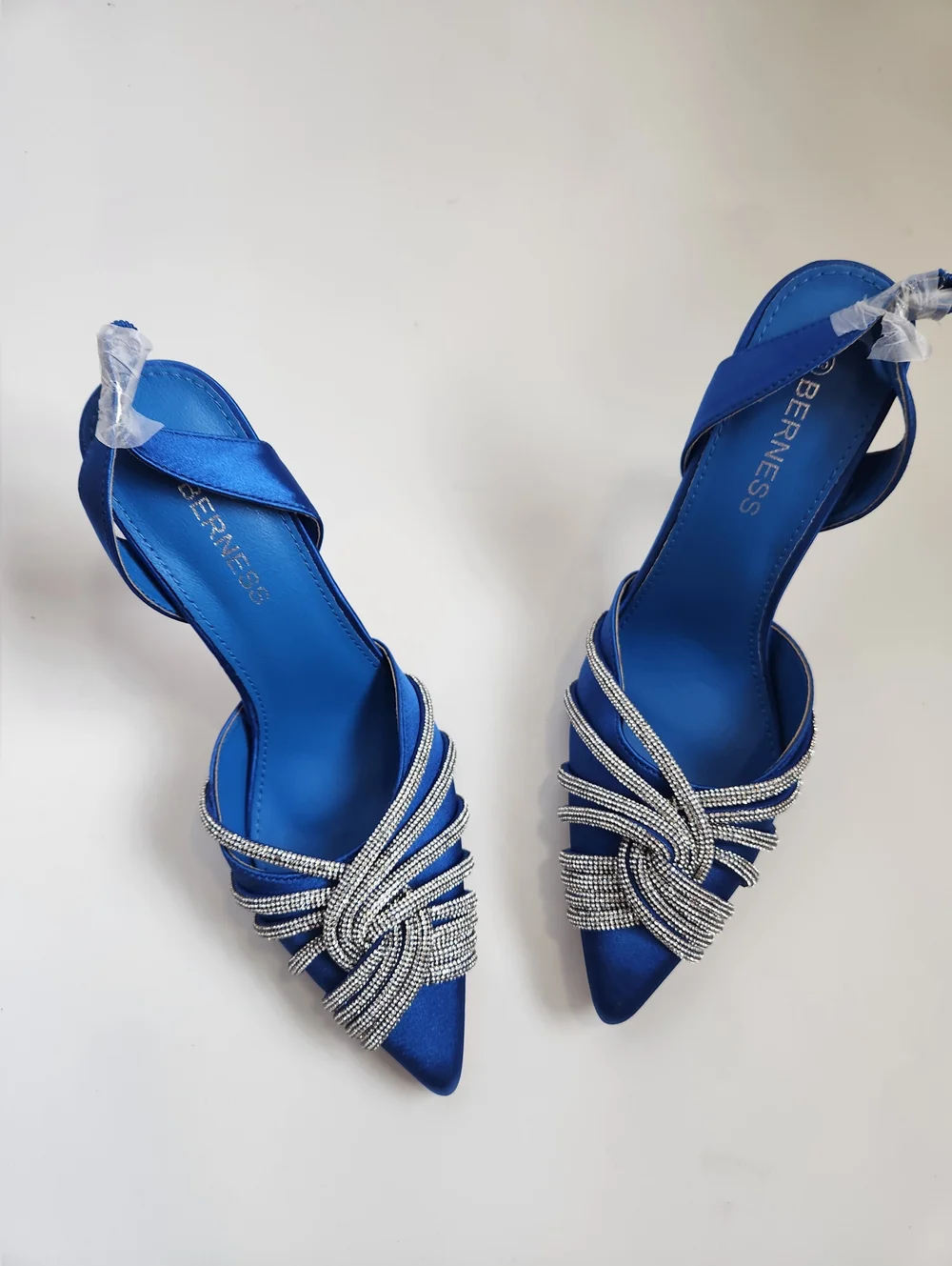 Berness Sapphire Satin Pointed Heels with‎ Crystal Knot Size 8.5